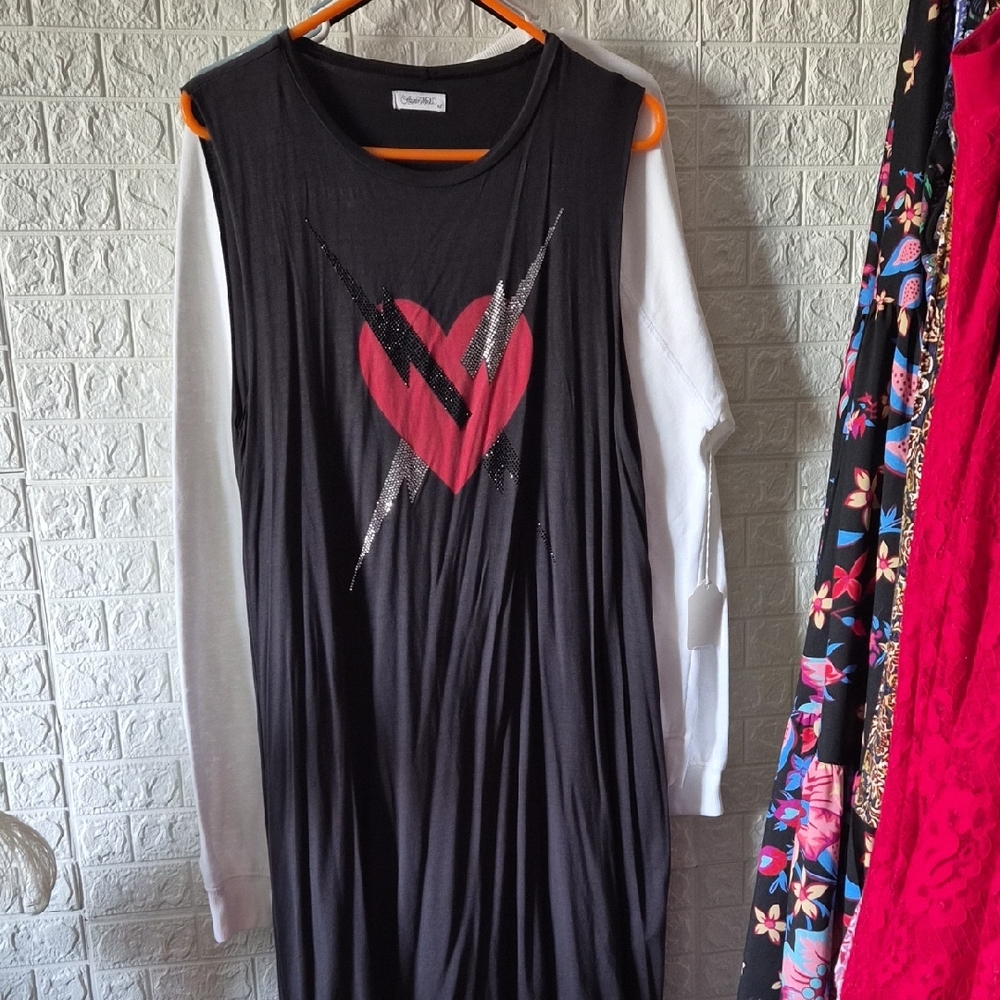 Lauren moshi Heart Graphic Black Dress with lightning bolt crystal